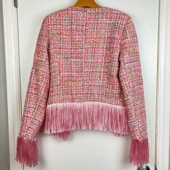 Fashion Nova Pink Tweed Fringe Jacket Boho Festival Barbie Western Preppy sz M - Picture 5 of 10